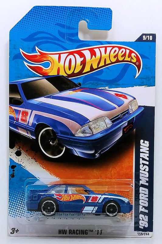 Hot Wheels 2011 - Collector # 159/244 - HW Racing 9/10 - '92 Ford Mustang - Blue - Windshield Banner - Walmart Exclusive