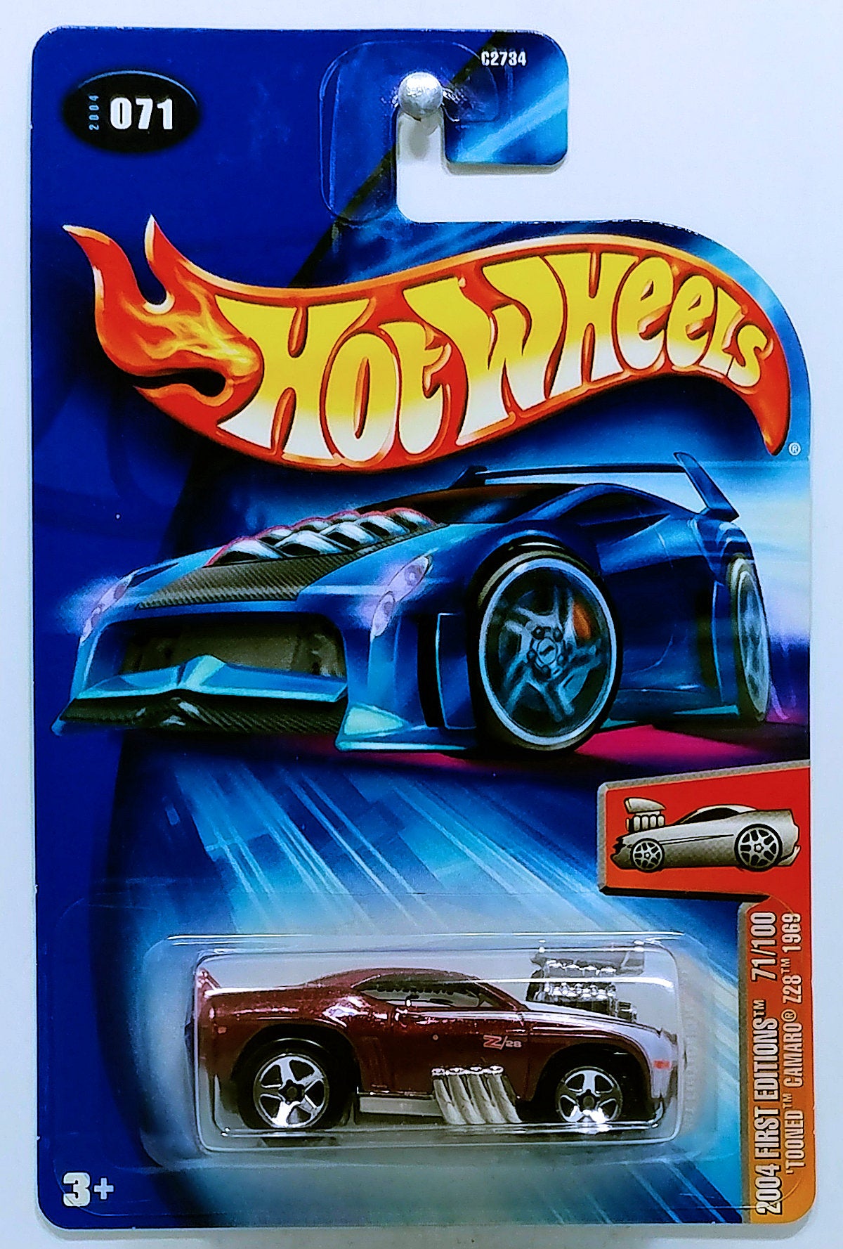 Hot Wheels 2004 - Collector # 071/212 - First Editions 71/100 - 'Tooned Camaro Z28 1969 - Maroon - White Stripes on Sides & Hood