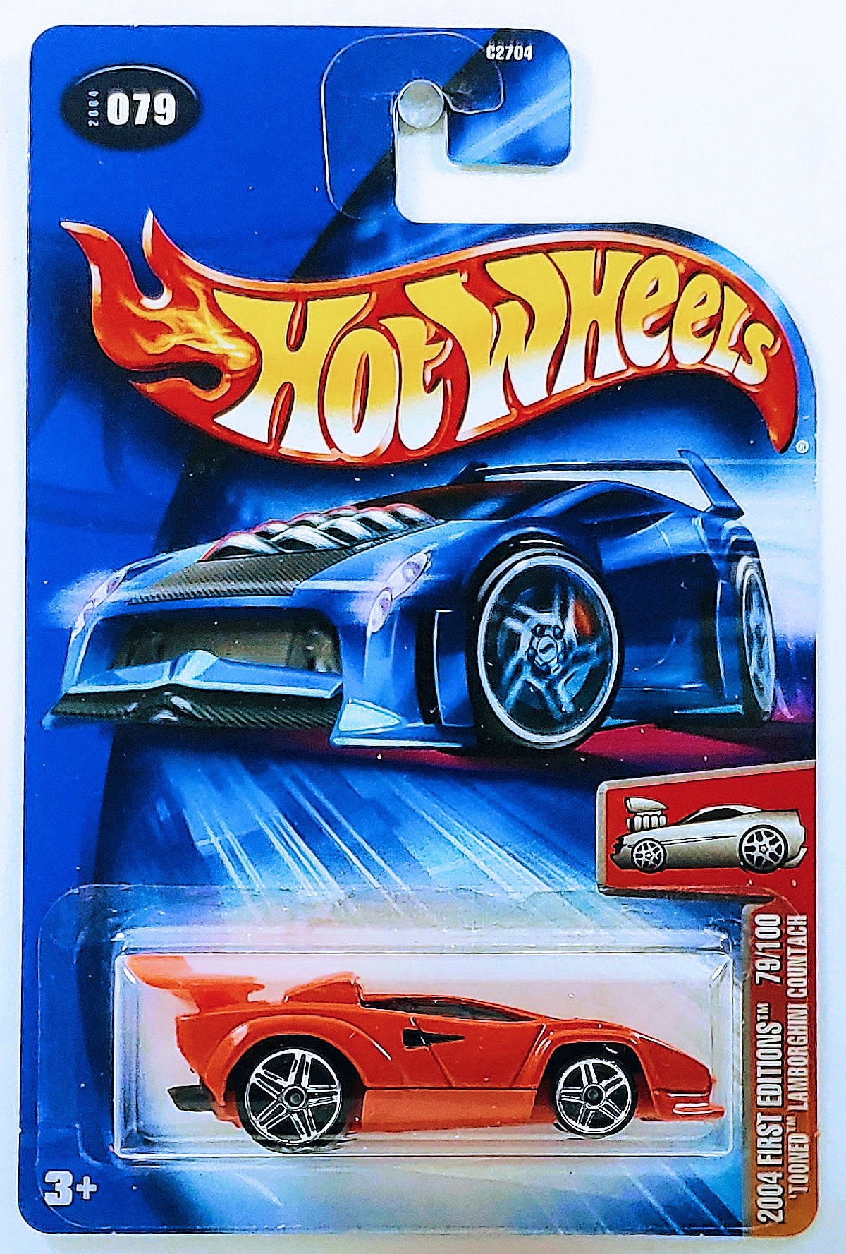 Hot Wheels 2004 - Collector # 079/212 - First Editions 79/100 - 'Tooned Lamborghini Countach - Orange - PR5 Wheels - USA '04 Card