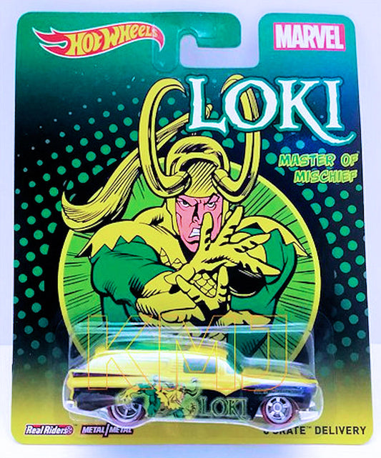Hot Wheels 2014 - Nostalgia / Pop Culture / Marvel - 8 Crate Delivery - Yellow / Loki - Metal/Metal & Real Riders