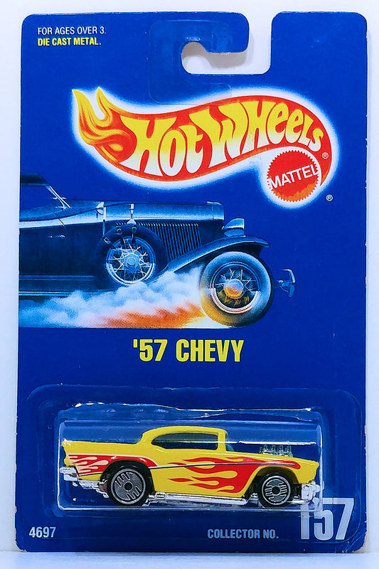 Hot Wheels 1991 - Collector # 157 - '57 Chevy - Yellow - Red Flames - UH Wheels - Blue Car / USA