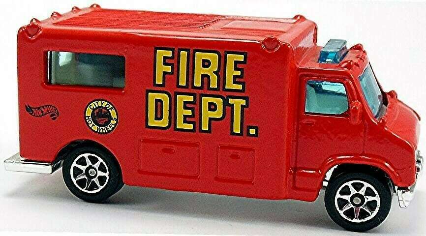 Hot Wheels 1996 - Collector # 424 - Fire Squad Series 1/4 - Ambulance - Red  / Fire Dept. - 7 Spokes - USA