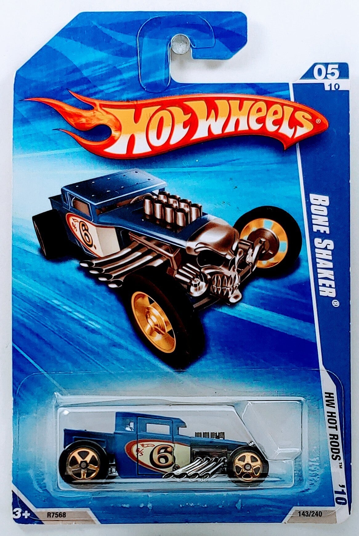 Hot Wheels 2010 - Collector # 143/240 - HW Hot Rods 5/10 - Bone Shaker - Matte Blue / #6 - Gold 5 Spokes - USA