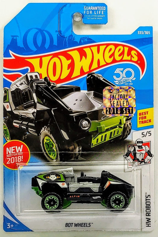 Hot Wheels 2018 - Collector # 333/365 - HW Robots 5/5 - New Models - BOT Wheels - Black & Gray - USA 50th Card with Factory Sticker