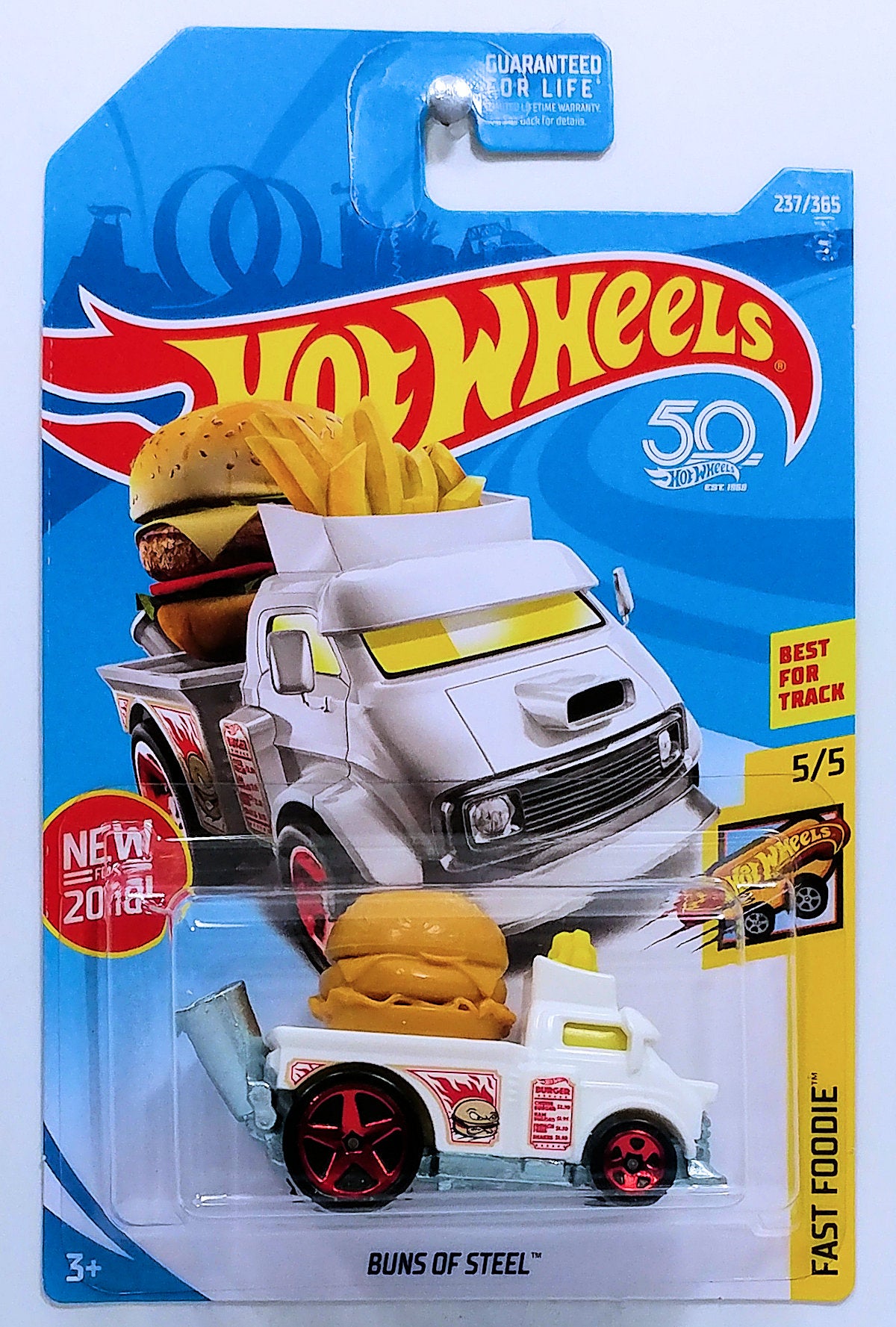 Hot Wheels 2018 - Collector # 237/365 - Fast Foodie 5/5 - Buns of Steel - White -  50th Card
