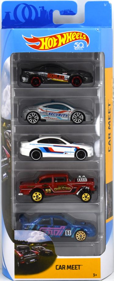 Hot Wheels 2018 - Gift Pack # FKT59 - Car Meet - 1999 Ford Mustang, Mitsubishi Eclipse Concept, BMW M3, '55 Chevy Bel Air Gasser and Subaru Impreza WRX