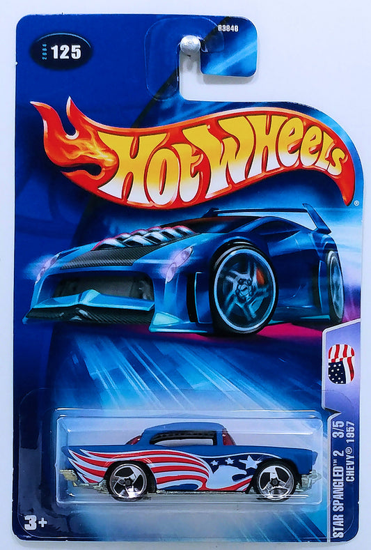 Hot Wheels 2004 - Collector # 125/212 - Star Spangled 2 # 3/5 - Chevy 1957 - Satin Blue - ERROR: All Large 3 Spokes - USA '04 NC