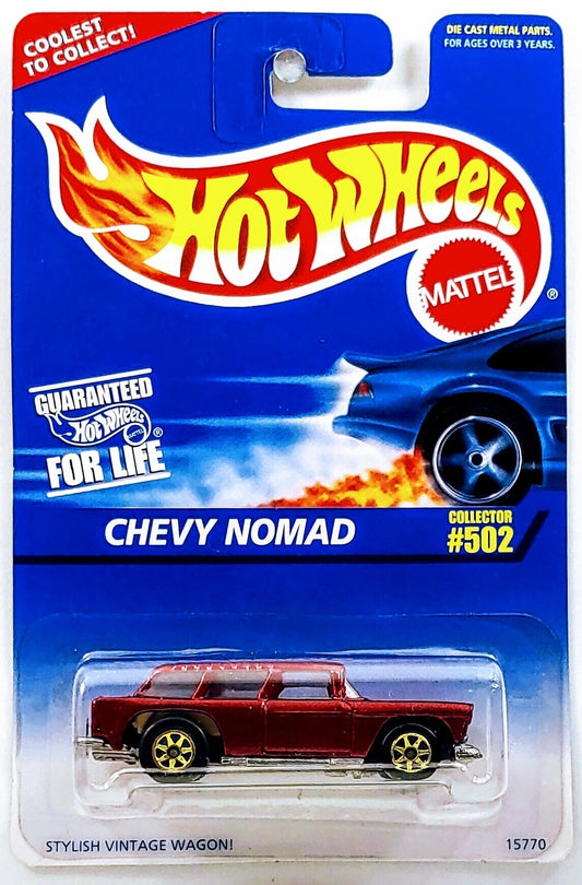 Hot Wheels 1996 - Collector # 502 - Chevy Nomad - Metallic Red - 7 Spokes - USA Blue & White Card