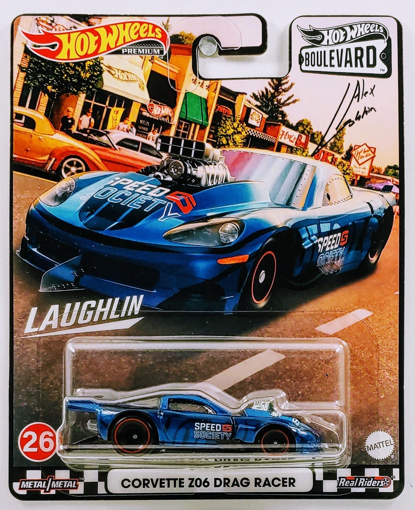 Hot Wheels 2021 - Premium / Boulevard # 26 - Corvette Z06 Drag Racer - Blue - Metal/Metal & Real Riders - New Casting - Walmart Exclusive
