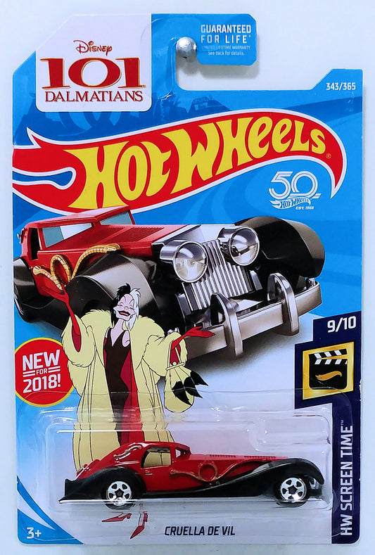 Hot Wheels 2018 - Collector # 343/365 - HW Screen Time 9/10 - New Models - Cruella De Vil - Red - 50th Card