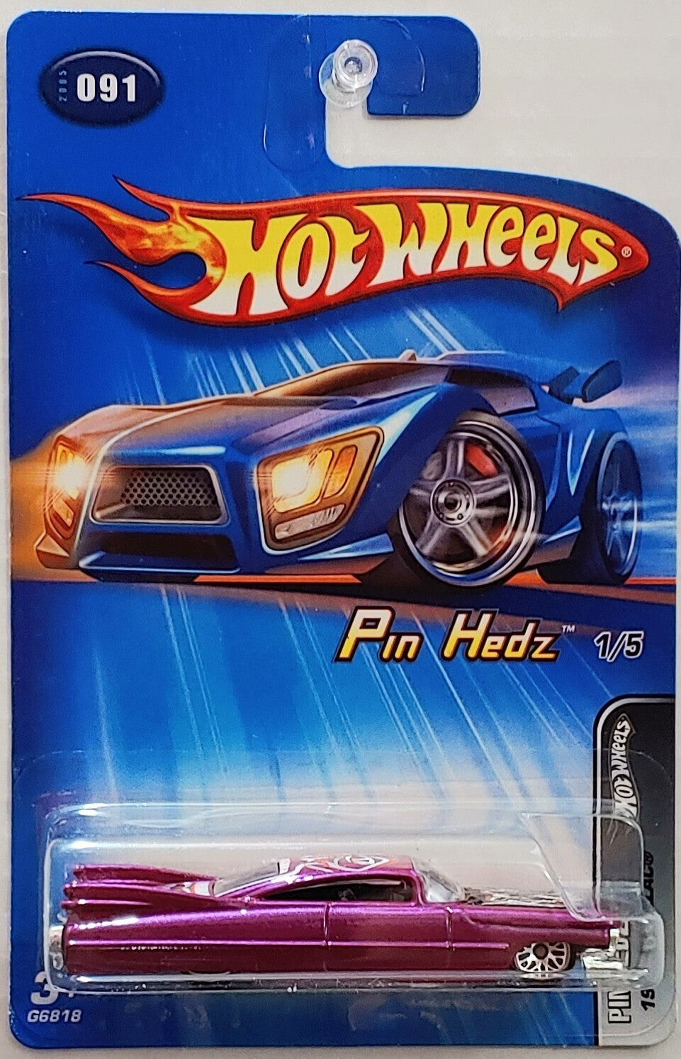 Hot Wheels 2005 - Collector # 091/183 - Pin Hedz 1/5 - 1959 Cadillac - Magenta - Lace Wire Wheels