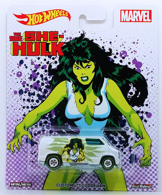 Hot Wheels 2017 - Pop Culture / Marvel Comics - Custom '77 Dodge Van - White / The Savage She-Hulk - Metal/Metal & Real Riders - MPN DWH30