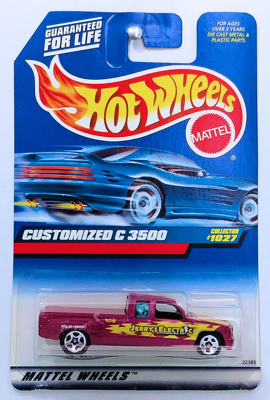 Hot Wheels 1999 - Collector # 1027 - Customized C 3500 - Magenta - Jerry's Electric Graphics - USA Blue Car Card