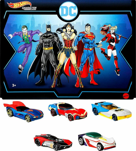 Hot Wheels 2021 - Character Cars / DC Comics / Boxed Set - 5 Vehicles - Superman, Wonder Woman, Batman, The Joker GT & Harley Quinn - MPN HBY33