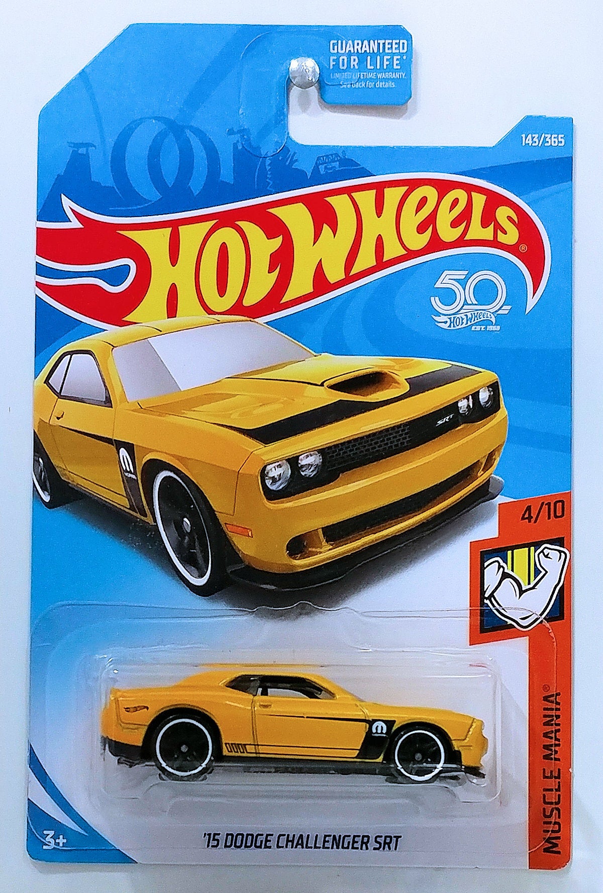 Hot Wheels 2018 - Collector # 143/365 - Muscle Mania 4/10 - '15 Dodge Challenger SRT - Dark Yellow - USA 50th Card