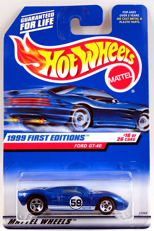 Hot Wheels 1999 - Collector # 921 - First Edtions 16/26 - Ford GT-40 - Blue - "59" - Wide Rear Tires - USA Blue Car Card