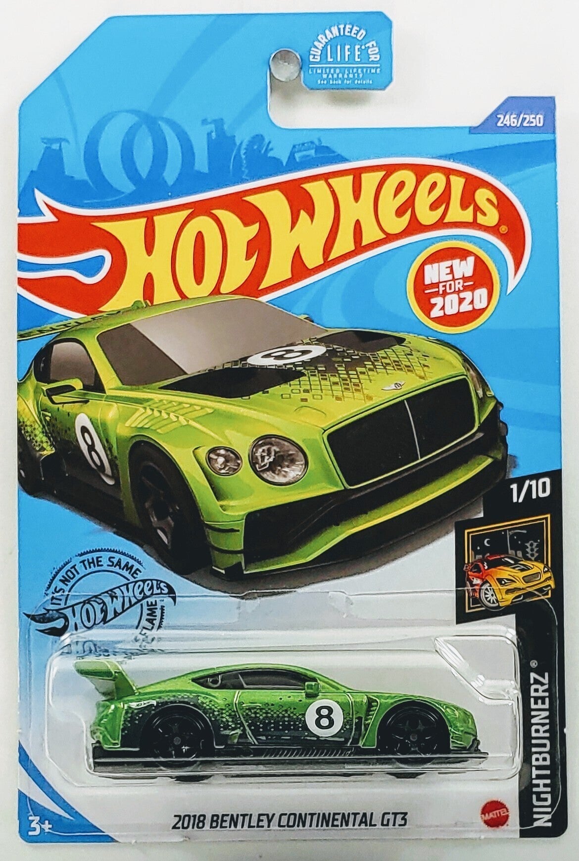 Hot Wheels 2020 - Collector # 246/250 - Nightburnerz 1/10 - New Models - 2018 Bentley Continental GT3 - Green - USA Card