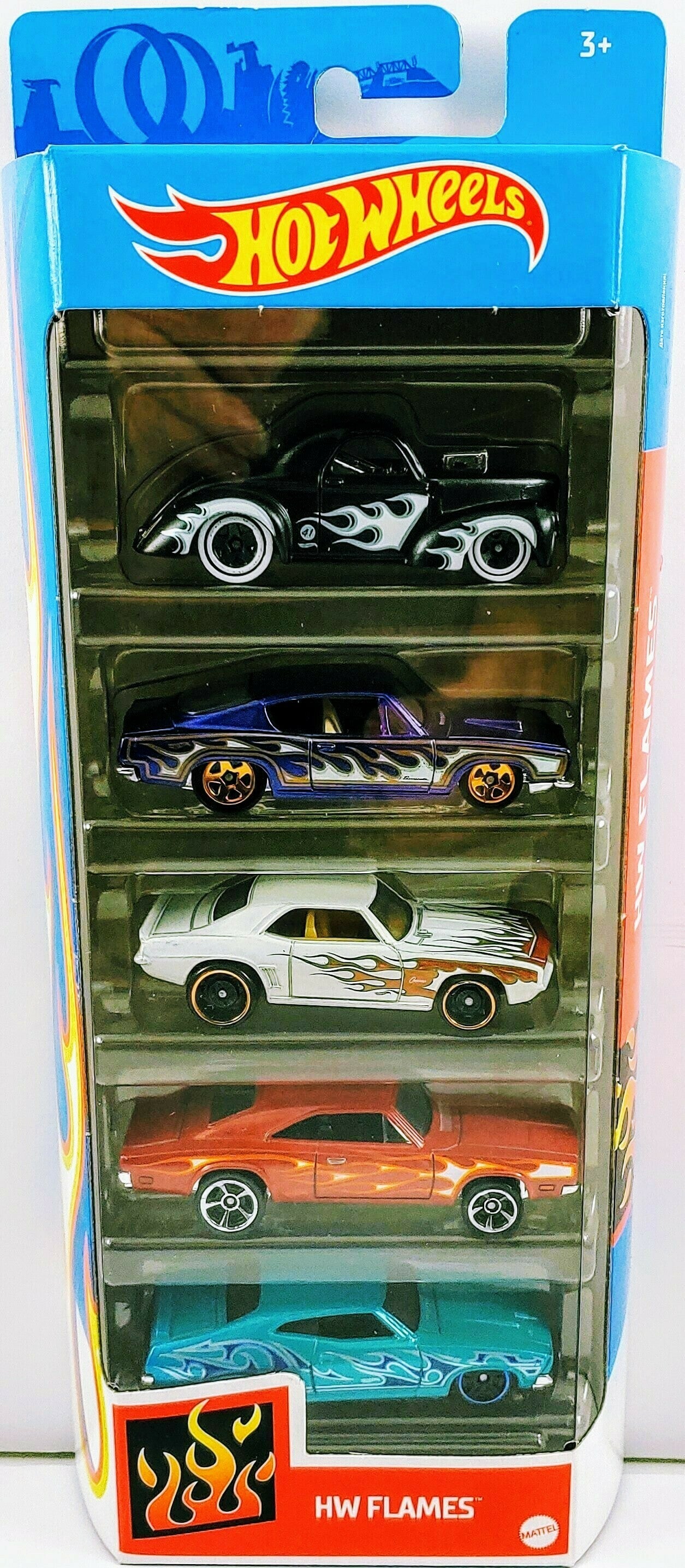 Hot Wheels 2021 - Gift Pack / 5 Pack - HW Flames - '41 Willys, '68 HEMI Barracuda, '69 Camaro, '69 Dodge Charger 500 and '73 Ford Falcon XB