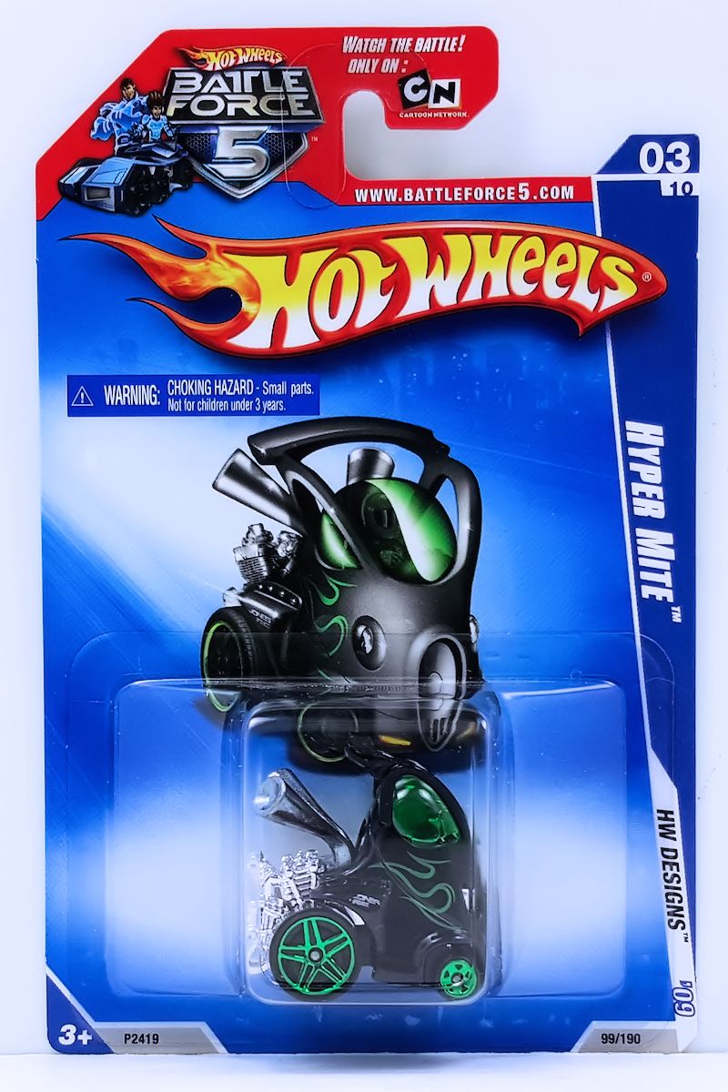 Hot Wheels 2009 - Collector # 099/190 - HW Designs 3/10 - Hyper Mite - Black - All Green PR5 Wheels - USA Battle Force 5