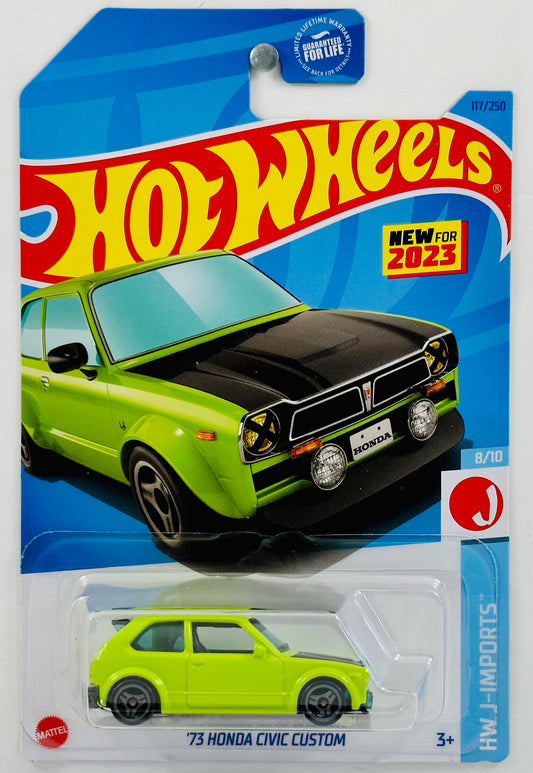 Hot Wheels 2023 - Collector # 117/250 - HW J Imports 08/10 - New Models -'73 Honda Civic Custom - Lime Green - Black Hood - USA