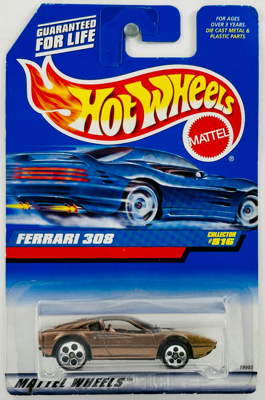 Hot Wheels 1998 - Collector # 816 - Ferrari 308 - Brown Metallic - 5 Dots - Tan Interior - USA Blue Car Card