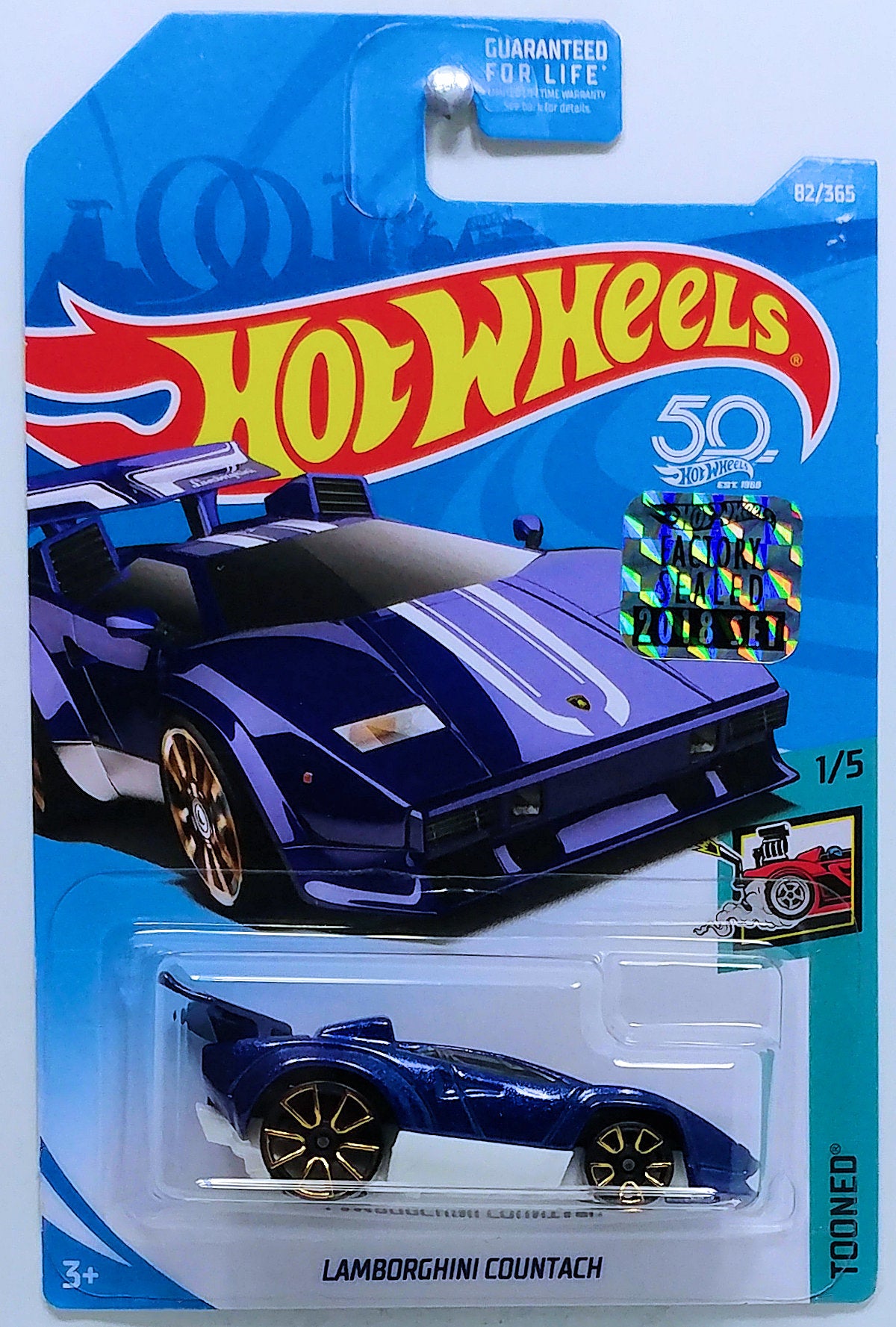 Hot Wheels 2018 - Collector # 082/365 - Tooned 1/5 - Lamborghini Countach - Metallic Dark Blue - USA 50th Card with Factory Set Sticker