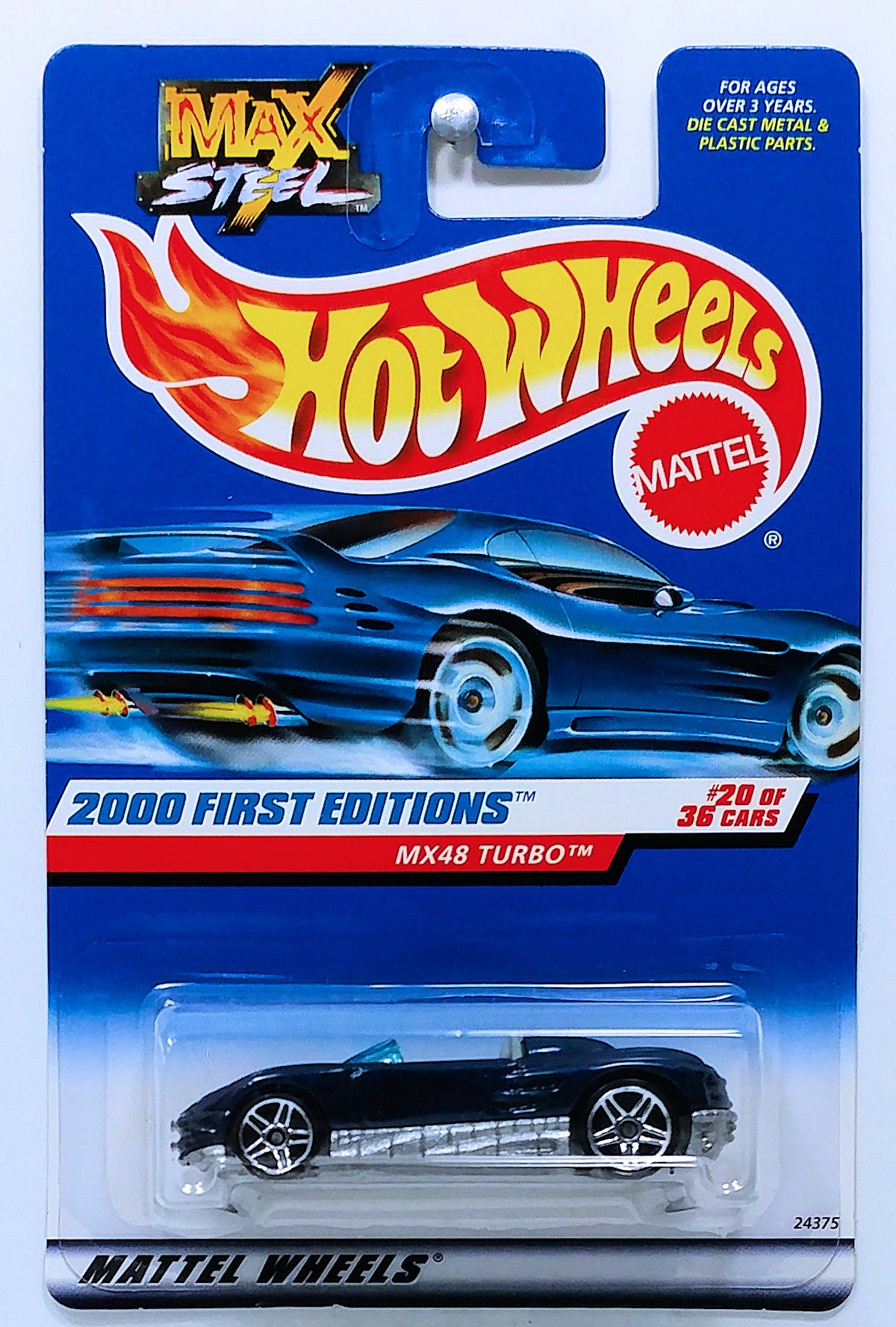 Hot Wheels 2000 - Collector # 080/250 - First Editions 20/36 - MX48 Turbo - Blue - PR5 Wheels - Package ERROR!