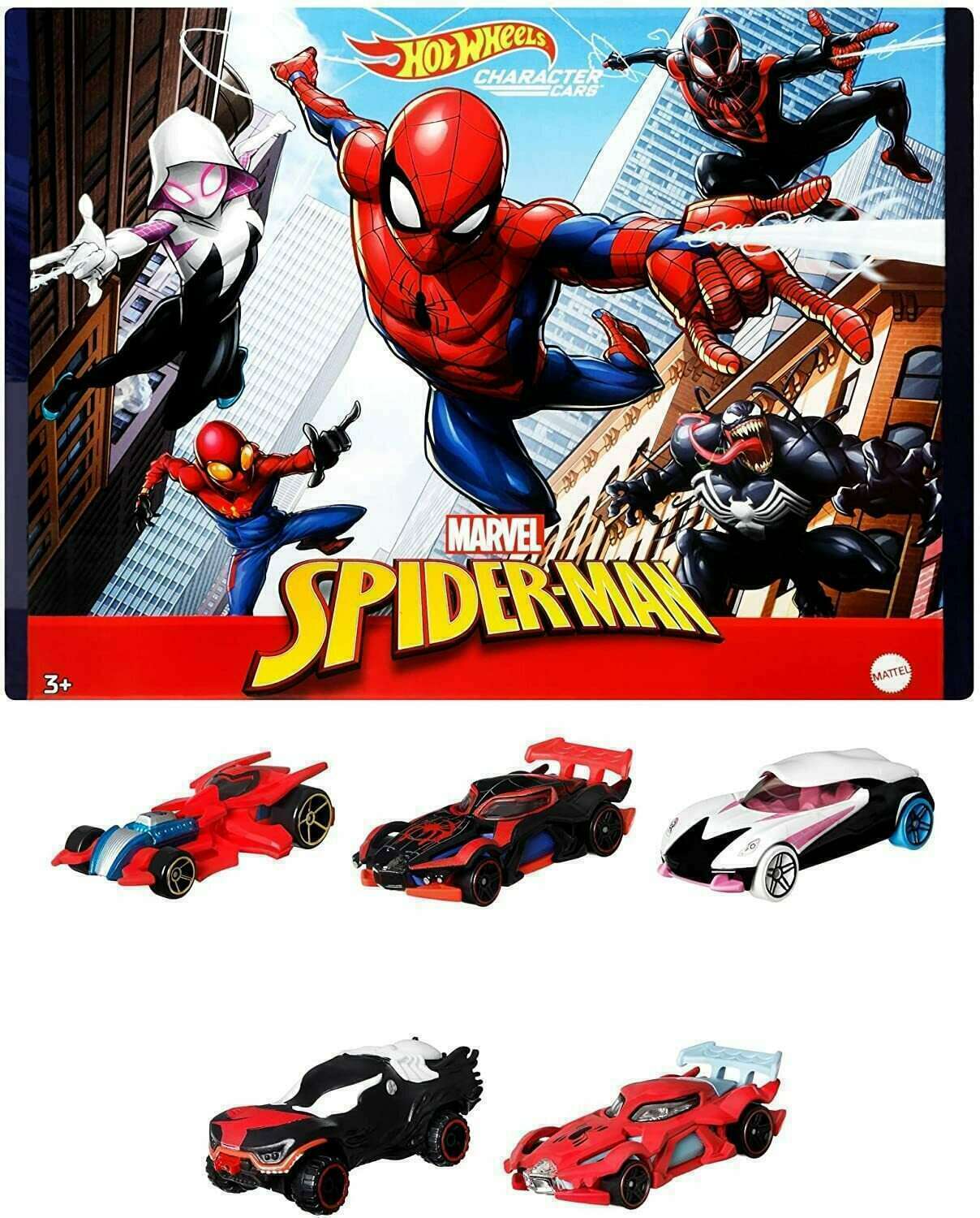 Hot Wheels 2021 - Character Cars / Gift Pack - Marvel Spider-man - Includes Spider-Man, Spider-Man in Proto-Suit, Miles Morales, Spider-Gwen & Venom - Boxed Set - MPN HBY36