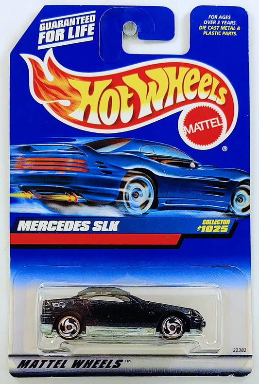 Hot Wheels 1999 - Collector # 1025 - Mercedes SLK - Midnight Blue Metalflake - Unpainted Base - USA Blue Car Card