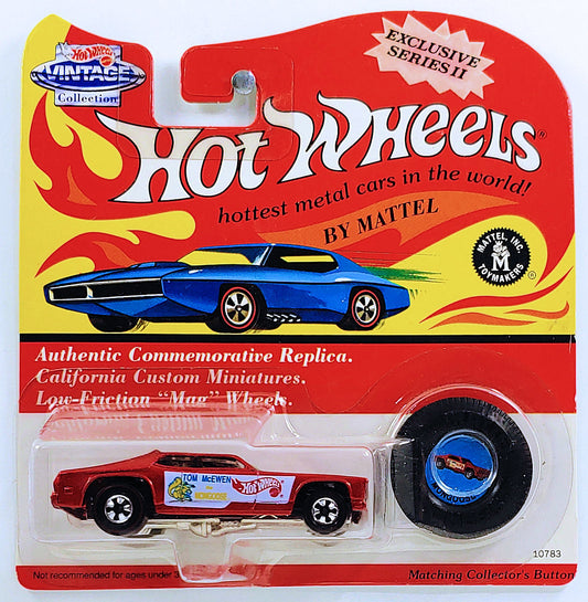Hot Wheels 1994 - Toy # 10783 - Vintage Collection Series II - Mongoose - Red Metallic - Redlines - Collectors Button - Tom McEwen Top Fuel Funny Car Replica