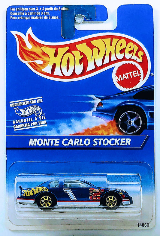 Hot Wheels 1996 - Toy # 14860 - Monte Carlo Stocker - Blue / Hot Wheels Racing - Gold 7 Spokes - IC