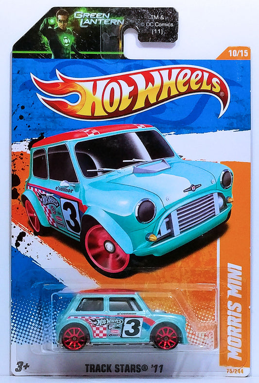 Hot Wheels 2011 - Collector # 075/244 - Track Stars 10/15 - Morris Mini - Pearl Sky Blue - USA Card with 'Green Lantern' Promo