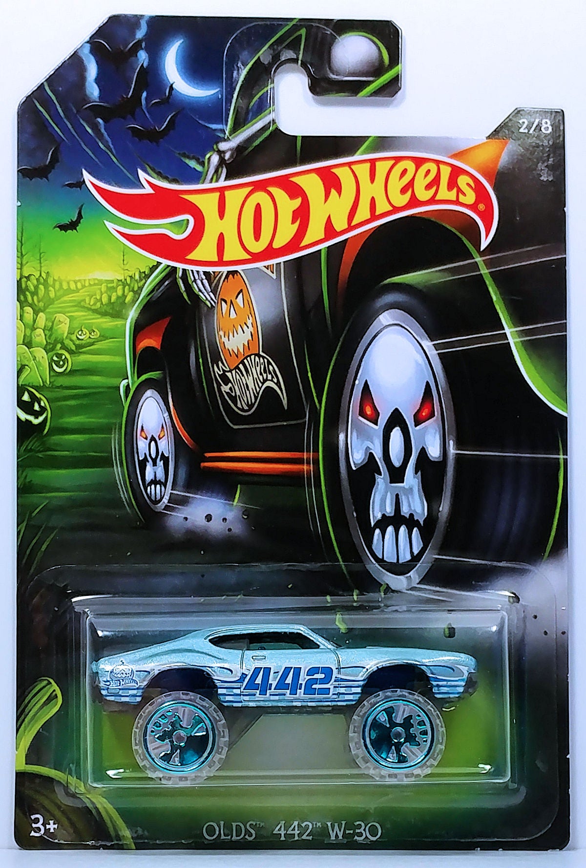 Hot Wheels 2017 - Happy Halloween 2/8 - Olds 442 W-30 - Metallic Steel Blue - Skull Wheels - Kroger Exclusive