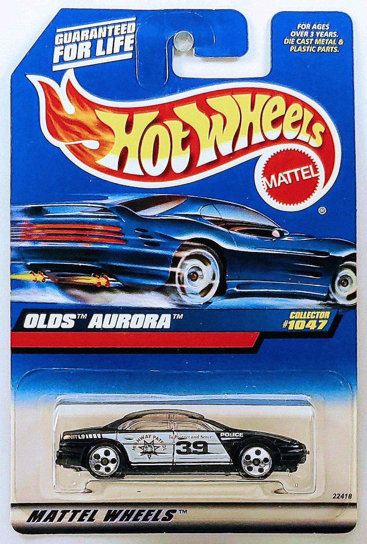 Hot Wheels 1999 - Collector # 1047 - Olds Aurora - Black / Highway Patrol Police - 5 Dots