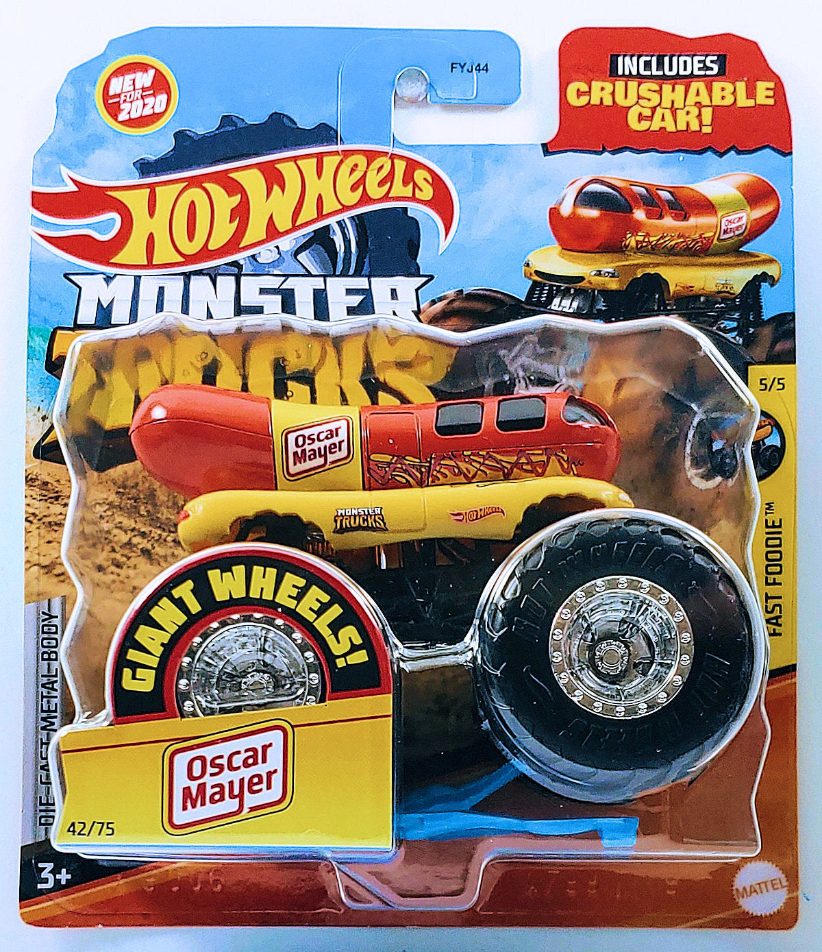 Hot Wheels 2020 - Monster Trucks 42/75 - Oscar Mayer (Wienermobile) - Yellow & Orange Red - Giant Wheels - Includes Crushable Car