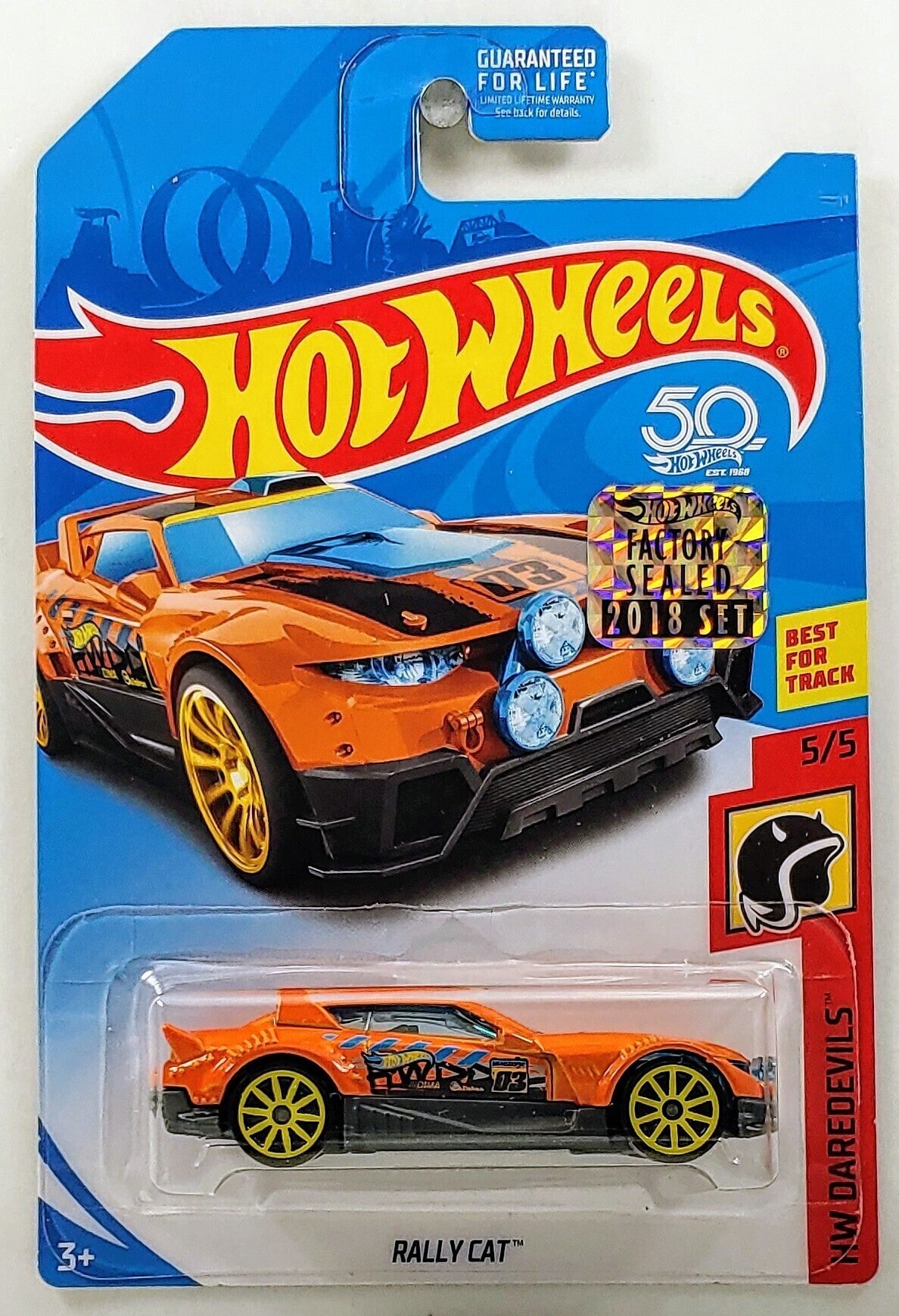 Hot Wheels 2018 - Collector # NONE - HW Daredevils 5/5 - Rally Cat - Orange - USA 50th Card with Factory Sticker