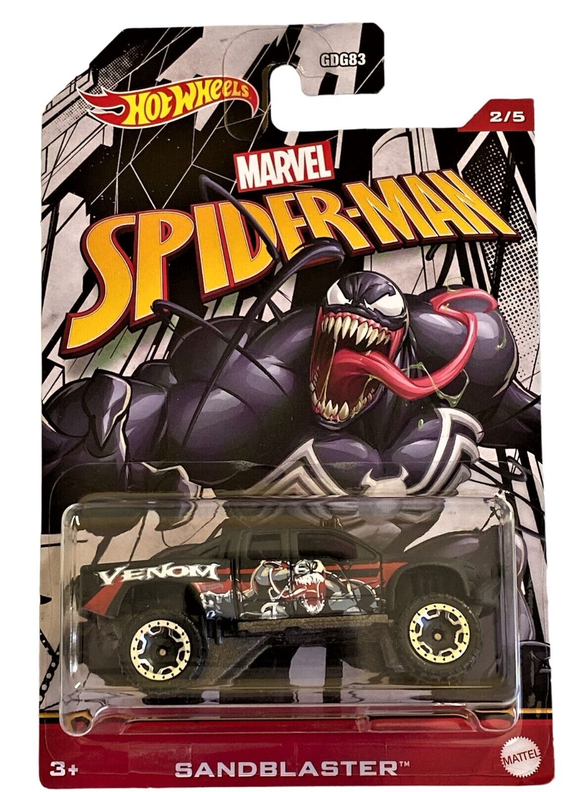 Hot Wheels 2023 - Marvel / Spider-man Theme Series 2/5 - Sandblaster - Black / Venom - Blister Card with Venom