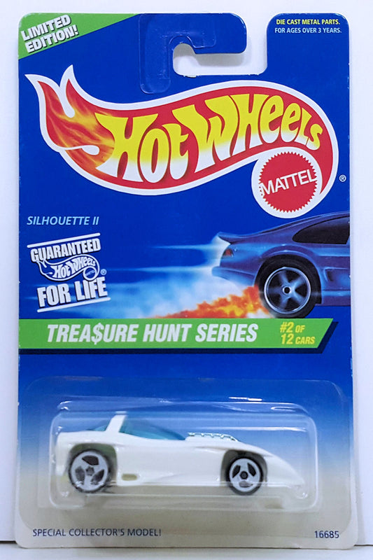 Hot Wheels 1997 - Collector # 579 - Treasure Hunt Series 2/12 - Silhouette II - White - 3 Spokes - Limited Edition - USA
