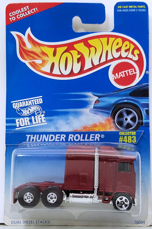 Hot Wheels 1996 - Collector # 483 - Thunder Roller (Semi Tractor) - Maroon - BWs Rear & 5 Spokes Front - China - USA Blue & White Card