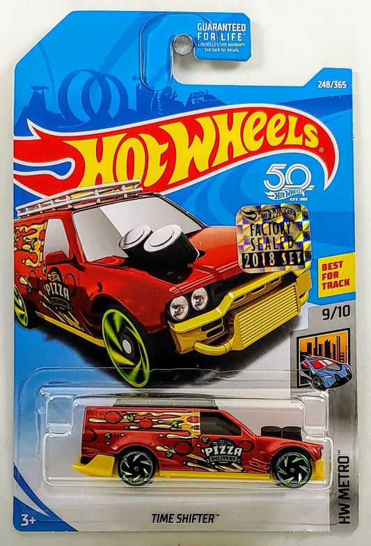 Hot Wheels 2018 - Collector # 248/365 - HW Metro 9/10 - Time Shifter - Red / Pizza - USA 50th Card with Factory Sticker