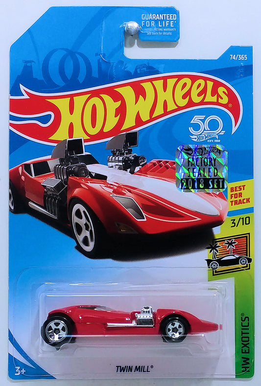 Hot Wheels 2018 - Collector # 074/365 - HW Exotics 3/10 - Twin Mill - Red - USA 50th Card with Factory Sticker