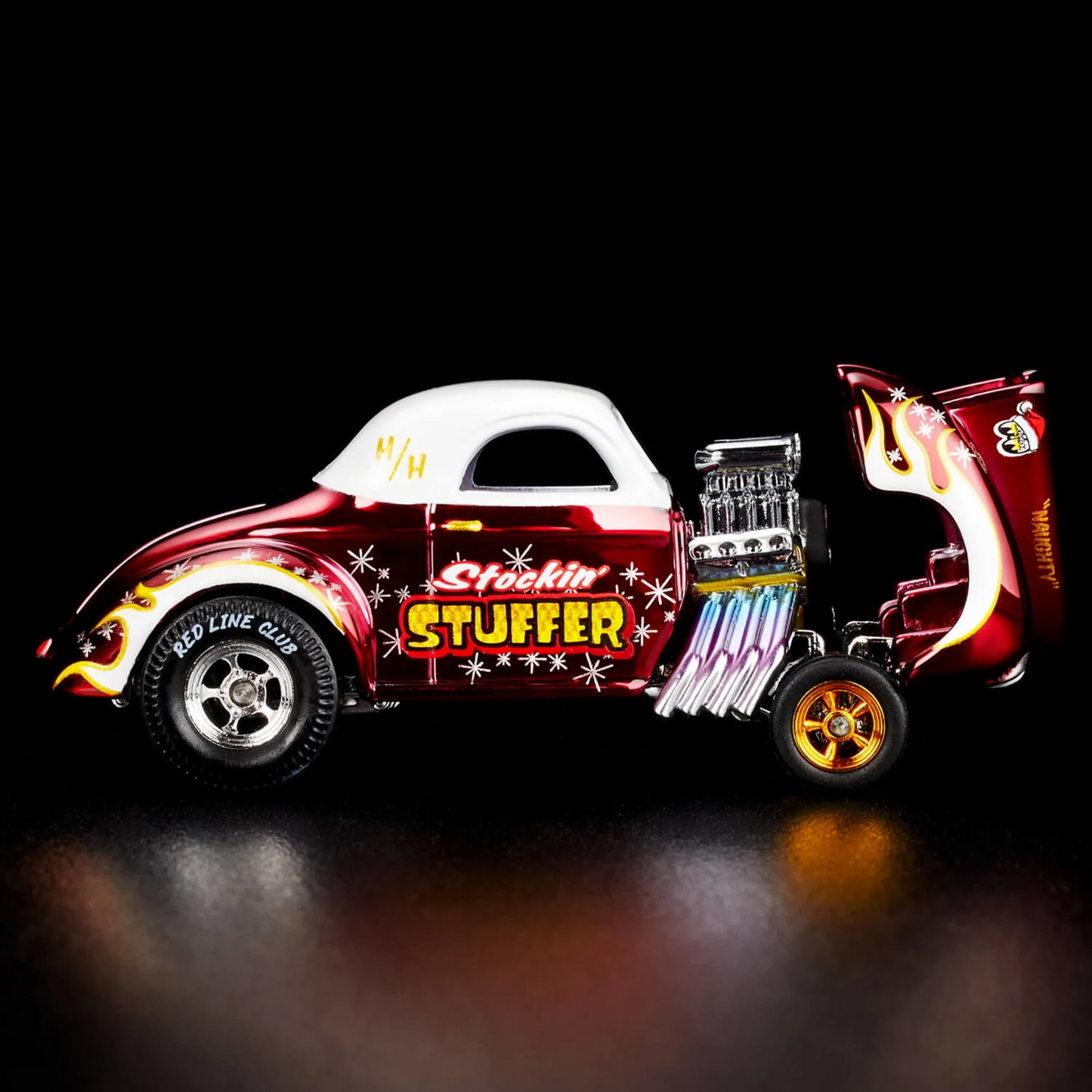 Hot Wheels 2022 - RLC Exclusive / Holiday Car / Stocking Stuffer - '41 Willys Gasser - Spectraflame Red - Metal/Metal & Real Riders - Acrylic Display Case - Limited to 30,000